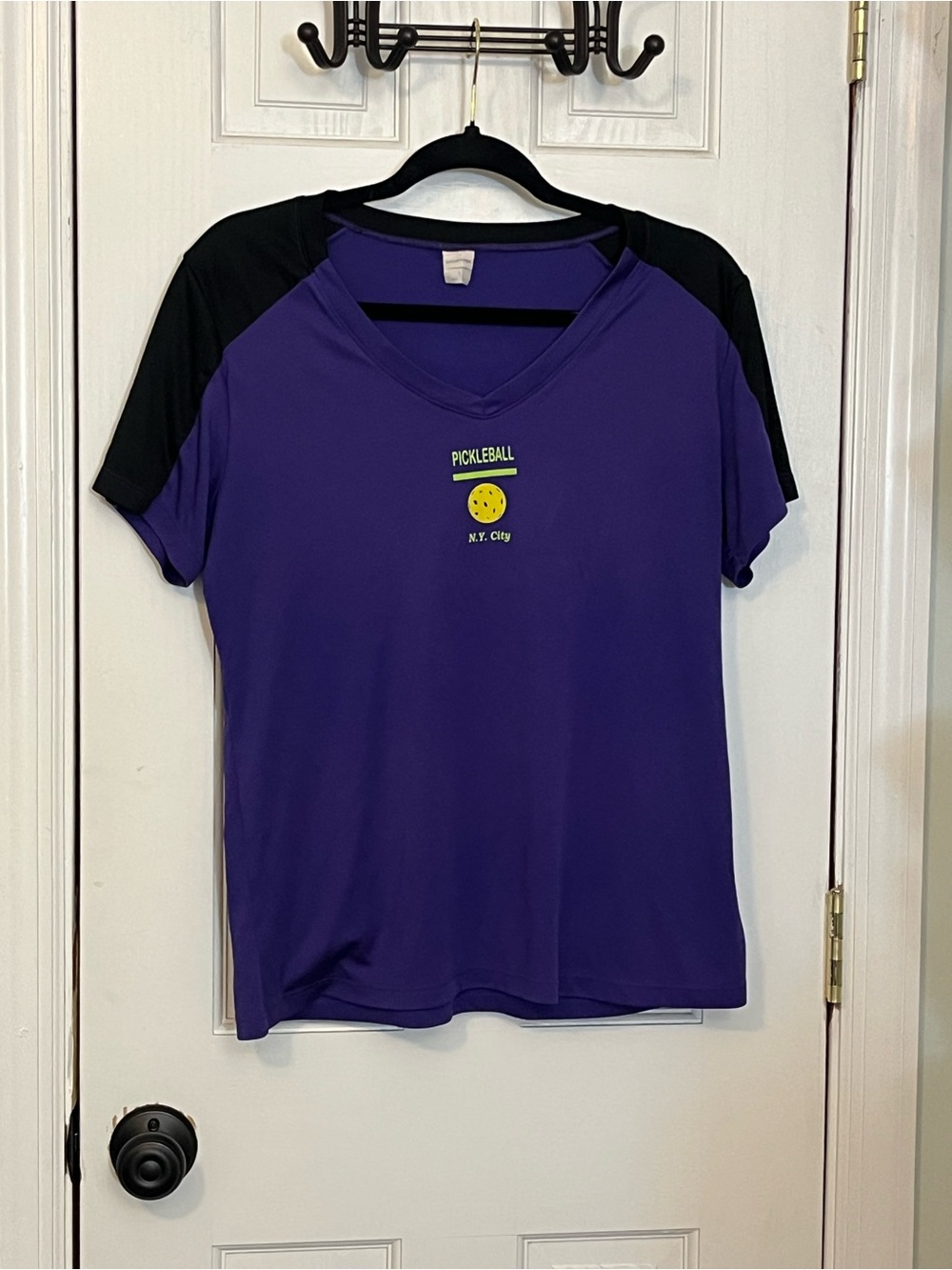 Sport-Tek Women's Purple V-Neck Athletic Top with Black Raglan Sleeves